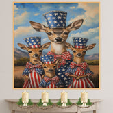 Mother Deer and Three Fawns in Patriotic Outfits with American Flag Hats on Ready to Hang 1.5" Thick Canvas Wrap, Floating Framed Canvas, Flat Rolled Canvas